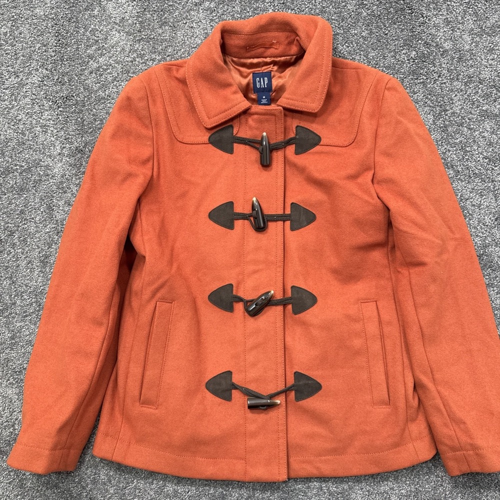 Womens M GAP Duffle Coat Jacket Wool Blend Toggle Buttons Full Zipper Orange Y2k